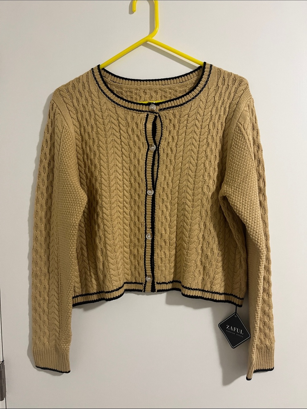 Zaful Tan Cable Knit Cardigan with Black Trim